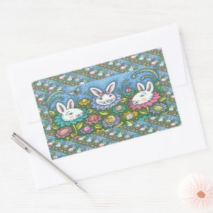 WHIMSICAL EASTER EGG GARDEN, BUNNY RABBIT FLOWERS RECTANGULAR STICKER