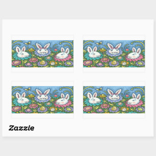WHIMSICAL EASTER EGG GARDEN, BUNNY RABBIT FLOWERS RECTANGULAR STICKER