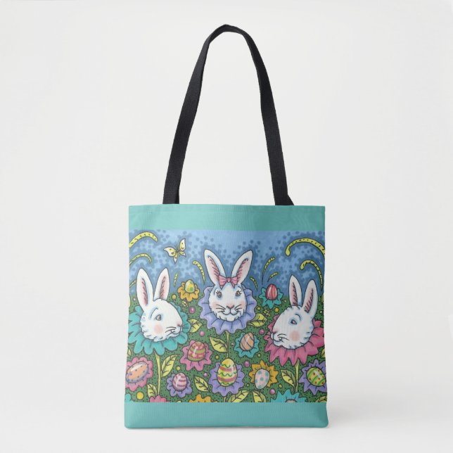 WHIMSICAL EASTER EGG GARDEN, BUNNY RABBIT FLOWERS TOTE BAG (Front)