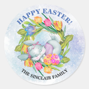 Whimsical Easter Eggs and Bunny Tulips  Classic Round Sticker