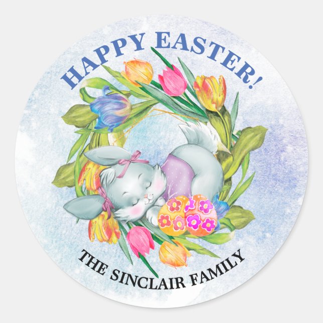 Whimsical Easter Eggs and Bunny Tulips  Classic Round Sticker (Front)