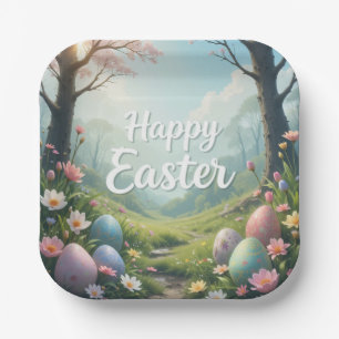 Whimsical Easter Forest Scene Happy Easter Paper Plate
