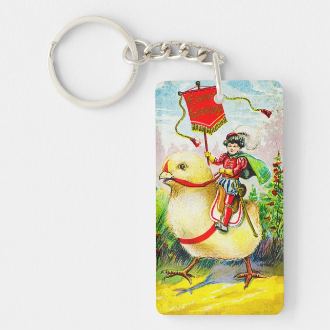 Whimsical Easter Greetings: Rider on Giant Chick Key Ring (Front)