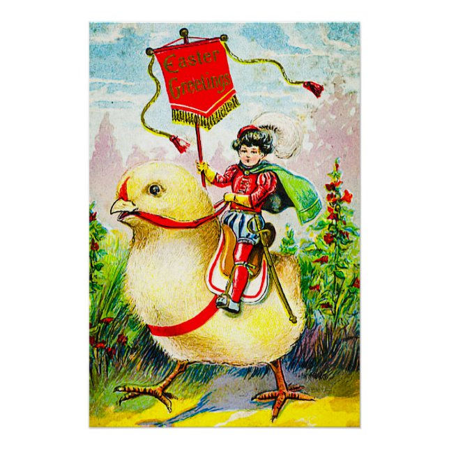 Whimsical Easter Greetings: Rider on Giant Chick Poster (Front)