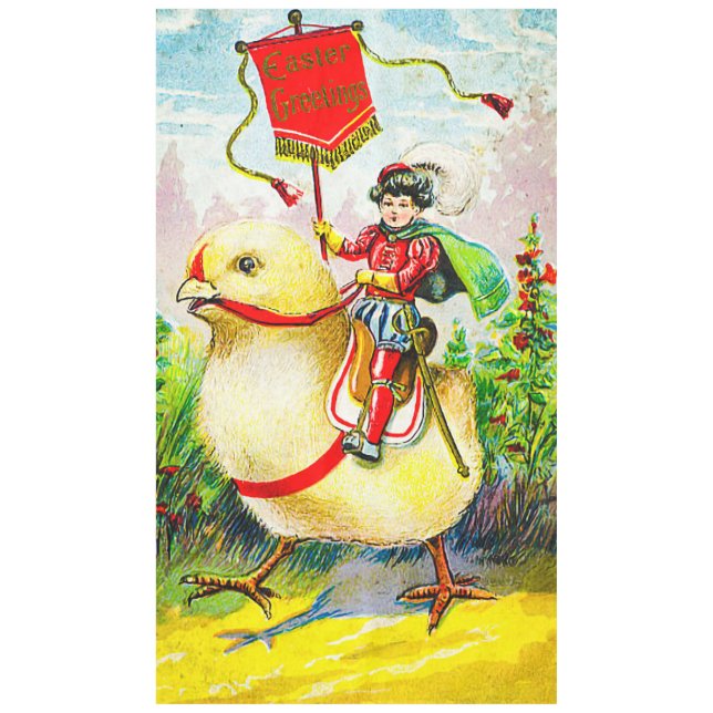 Whimsical Easter Greetings: Rider on Giant Chick Tablecloth (Front)