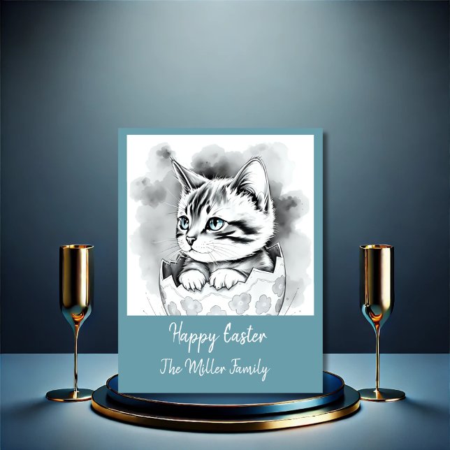 whimsical Easter Kitten in Floral Eggshell  Holiday Card (Creator Uploaded)