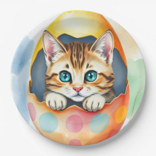 whimsical Easter Kitten in Floral Eggshell Paper Plate