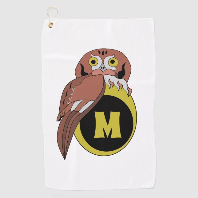 Whimsical Eastern Screech Owl Monogram Golf Towel (Front)