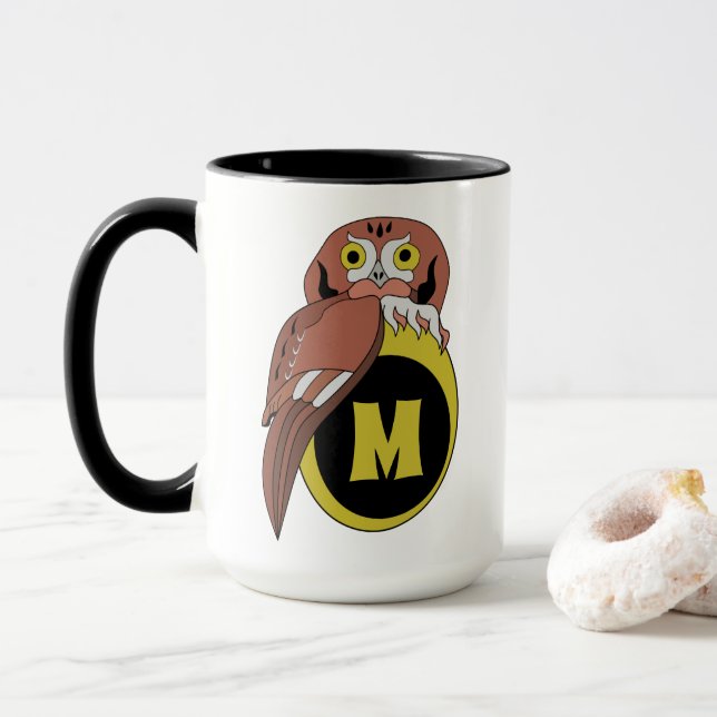 Whimsical Eastern Screech Owl Monogram Mug (With Donut)