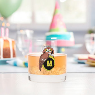 Whimsical Eastern Screech Owl Monogram Whiskey Glass