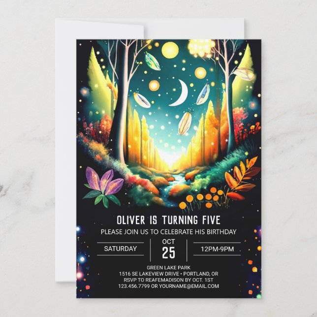 Whimsical Editable Firefly Forest Birthday Invitation (Front)