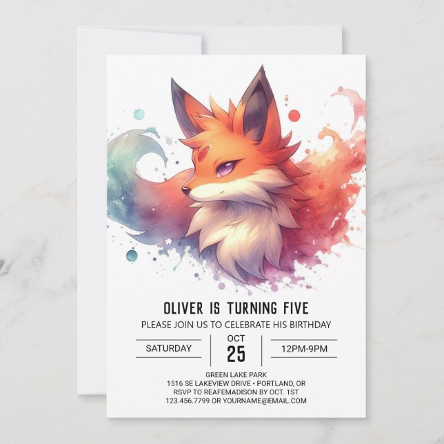 Whimsical Editable Fox Birthday Invitation (Front)