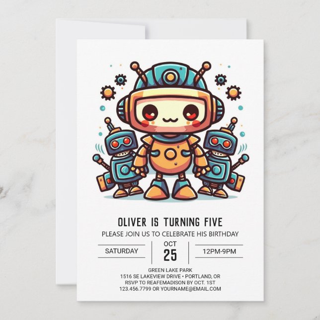 Whimsical Editable Gears Robot Birthday Invitation (Front)