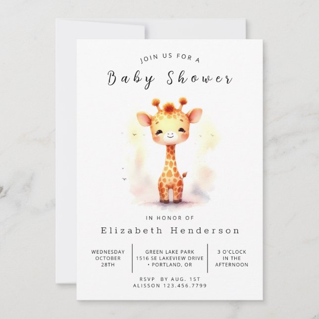 Whimsical Editable Giraffe Baby Shower Invitation (Front)