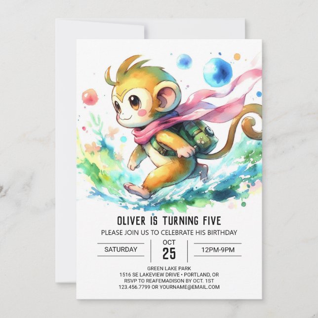 Whimsical Editable Monkey Birthday Invitation (Front)