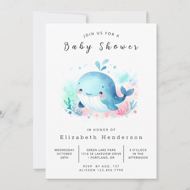 Whimsical Editable Whale Baby Shower Invitation (Front)