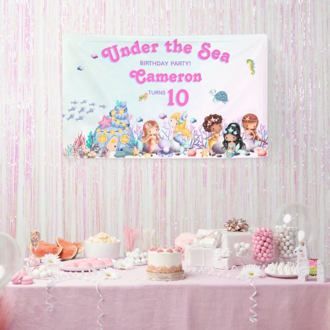 Whimsical & Elegant cute Kawaii Mermaid Birthday  Banner (Party)