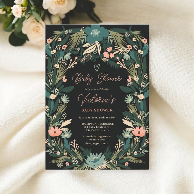 Whimsical Elegant Green Pink Floral Baby Shower Invitation (Whimsical Elegant Green Pink Floral Baby Shower)