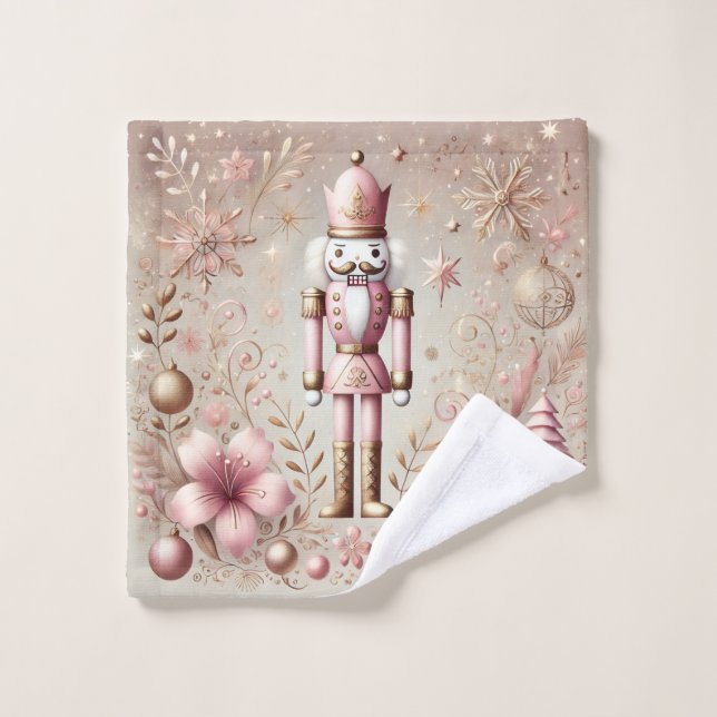 Whimsical Elegant Pink and Gold Pastel Nutcracker  Bath Towel Set (Wash Cloth)