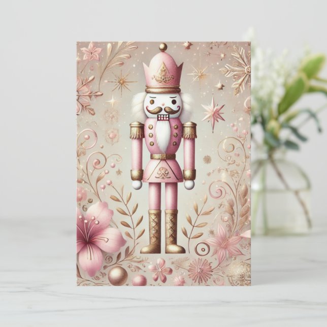 Whimsical Elegant Pink and Gold Pastel Nutcracker  Holiday Card (Standing Front)