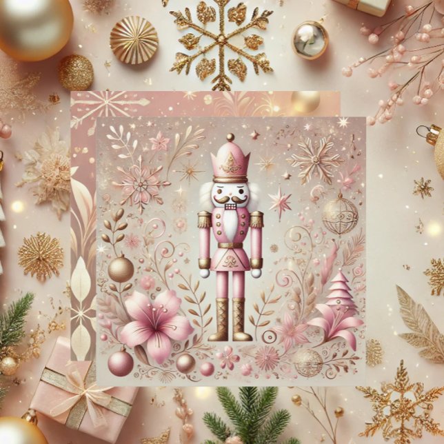 Whimsical Elegant Pink and Gold Pastel Nutcracker  Holiday Card (Creator Uploaded)