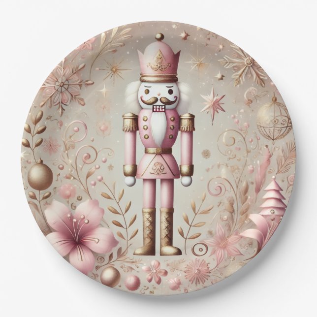 Whimsical Elegant Pink and Gold Pastel Nutcracker  Paper Plate (Front)