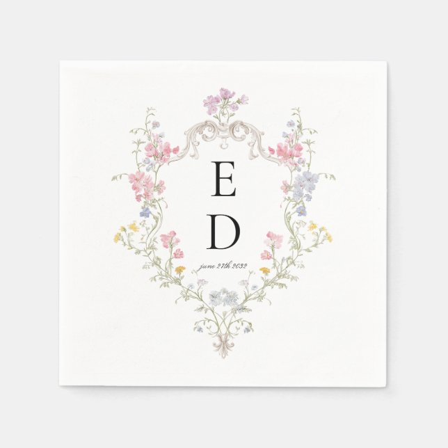 Whimsical Elegant Rococo Floral Crest Monogram Napkin (Front)