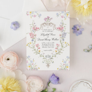 Whimsical Elegant Rococo Floral Crest Wedding Invitation
