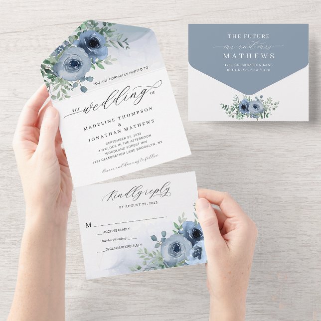 Whimsical Elegant Script Floral Dusty Blue Wedding All In One Invitation (Creator Uploaded)