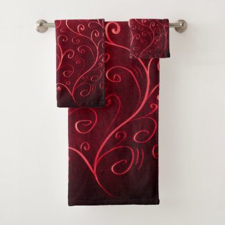 Whimsical Elegant Textured Red Swirl Pattern Bath Towel Set