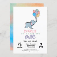 Whimsical Elephant and Balloons Birthday Invites