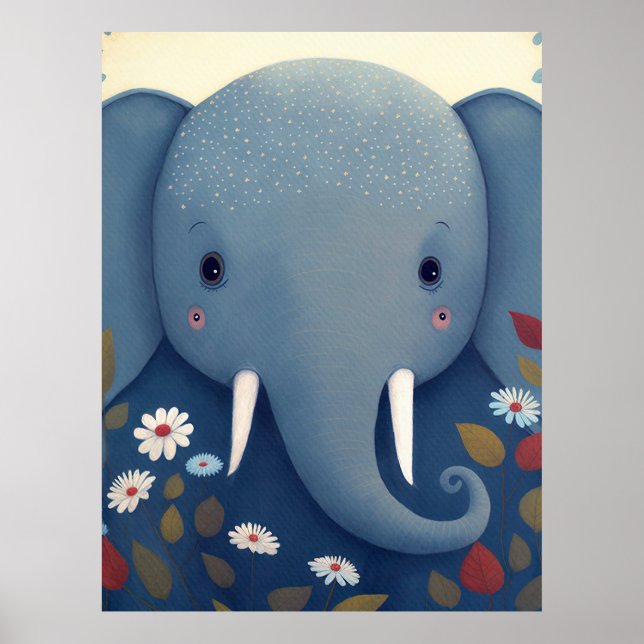 Whimsical Elephant and Flowers Poster (Front)