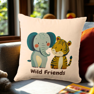 Whimsical Elephant and Tiger Nursery Illustration Cushion