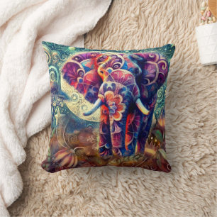 Whimsical Elephant at Night Blue Purple Stars Moon Cushion