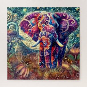 Whimsical Elephant at Night Blue Purple Stars Moon Jigsaw Puzzle