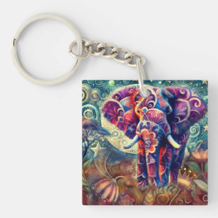Whimsical Elephant at Night Blue Purple Stars Moon Key Ring