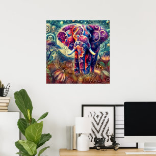Whimsical Elephant at Night Blue Purple Stars Moon Poster