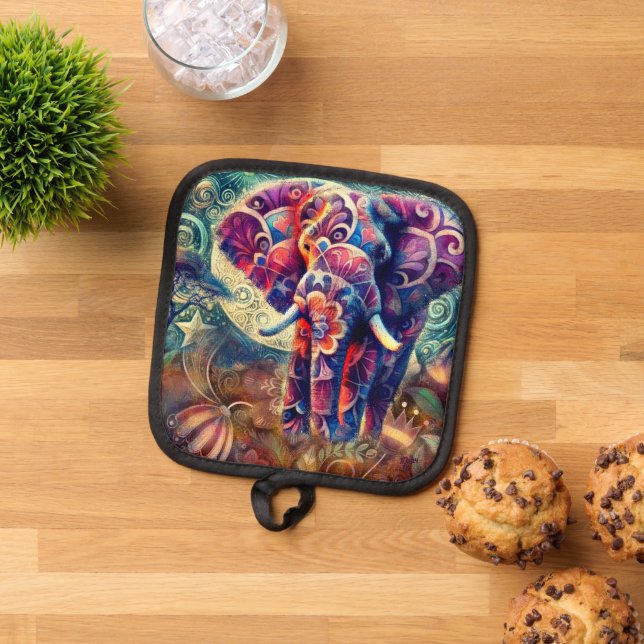 Whimsical Elephant at Night Blue Purple Stars Moon Pot Holder (Top Down)