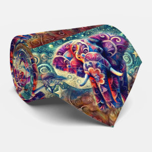 Whimsical Elephant at Night Blue Purple Stars Moon Tie