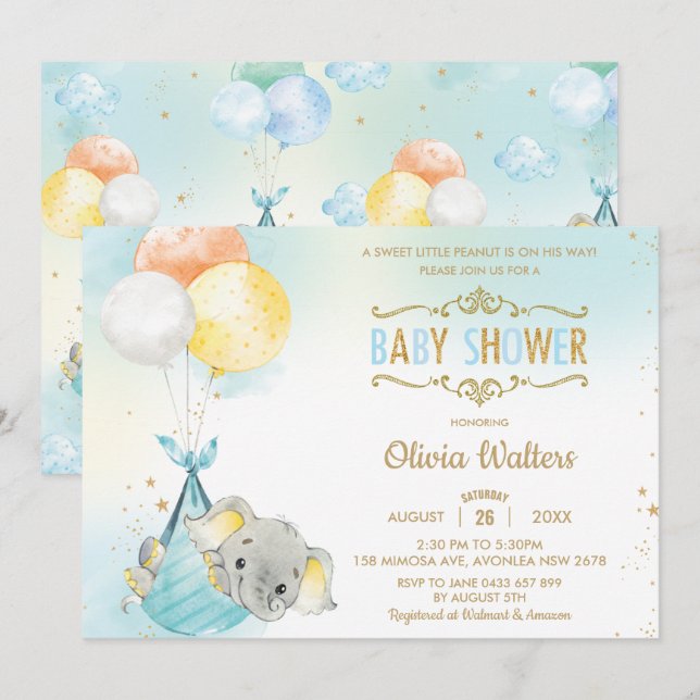 Whimsical Elephant Balloons Baby Shower Boy Invitation (Front/Back)