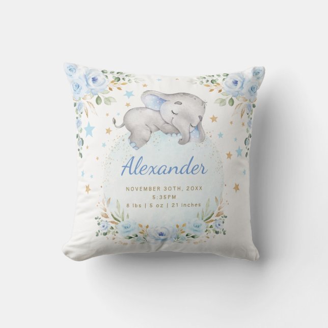 Whimsical Elephant Blue Gold Floral Twinkle Stars Cushion (Front)