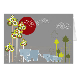 Whimsical Elephant Family In The Forest & Red Sun