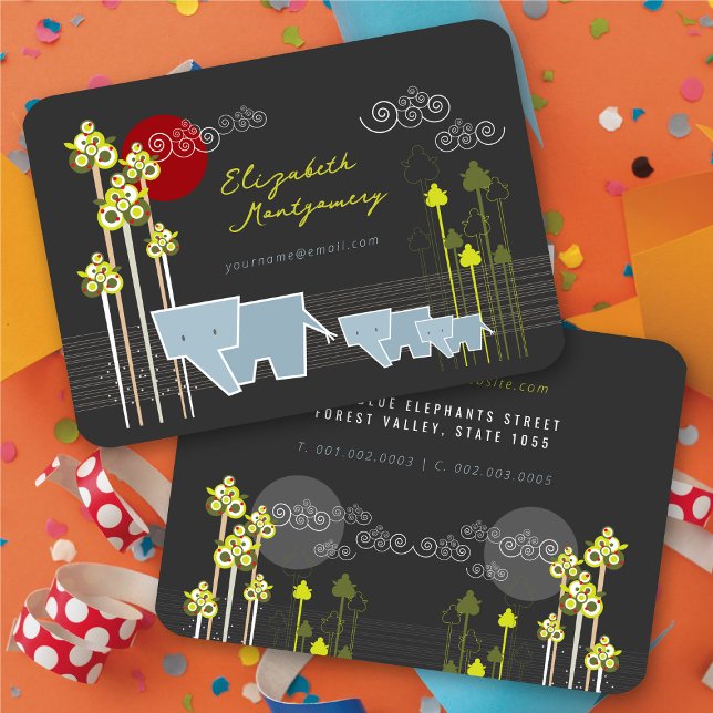 Whimsical Elephant Family In The Forest & Red Sun Business Card (Whimsical Stylized Elephant Family In The Forest & Red Sun Business Card @ fatfatin)
