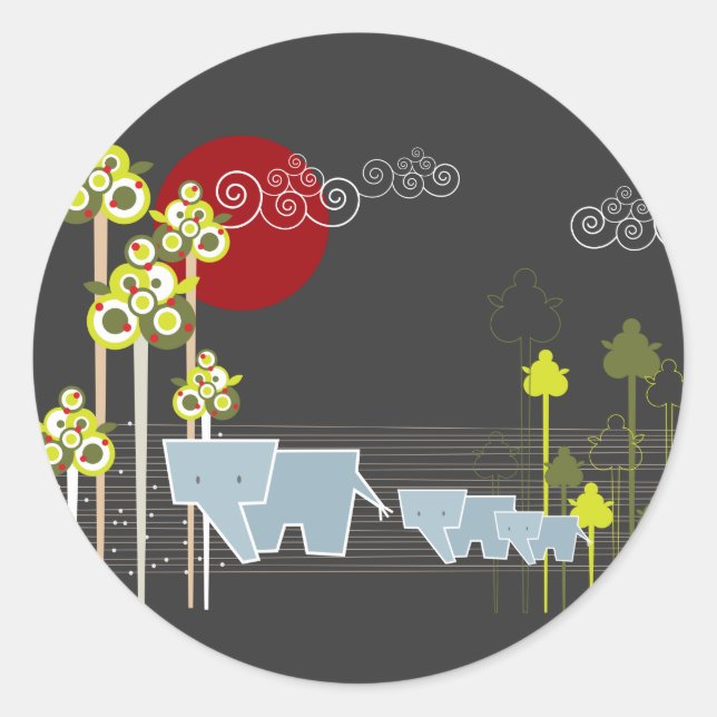 Whimsical Elephant Family In The Forest & Red Sun Classic Round Sticker (Front)