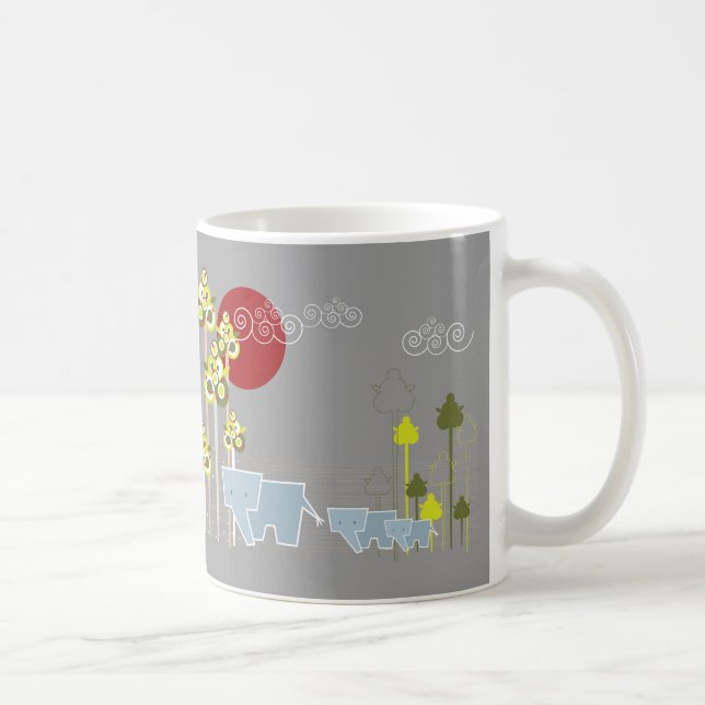 Whimsical Elephant Family In The Forest & Red Sun Coffee Mug (Right)