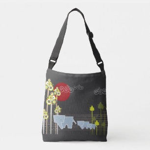 Whimsical Elephant Family In The Forest & Red Sun Crossbody Bag