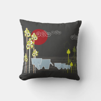 Whimsical Elephant Family In The Forest & Red Sun Cushion