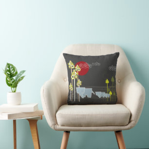Whimsical Elephant Family In The Forest & Red Sun Cushion