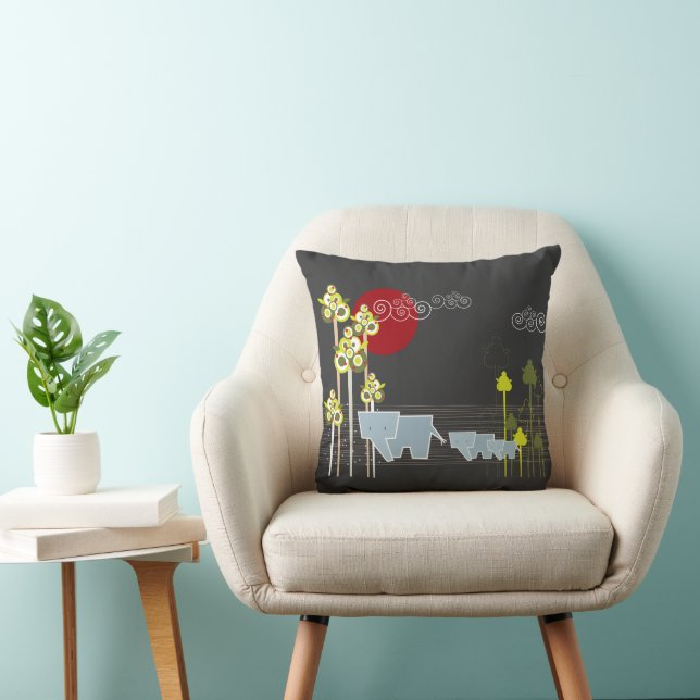 Whimsical Elephant Family In The Forest & Red Sun Cushion (Chair)