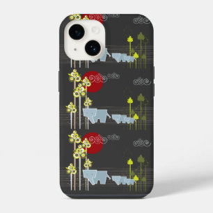 Whimsical Elephant Family In The Forest & Red Sun iPhone 14 Case